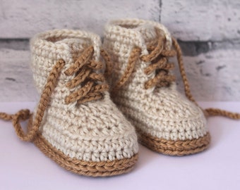 CROCHET PATTERN English Language Only "Combat Boot” Crochet Pattern, Beige Construction Baby Booties, trending baby shower ideas, white