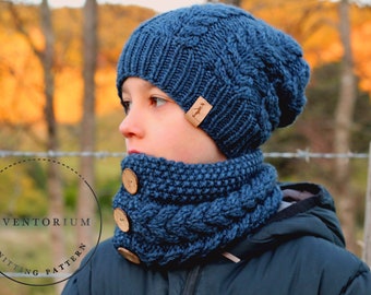 KNITTING PATTERN - Knitted Beanie and Cowl Pattern, "Marlon Beanie & Cowl" PDF    English Language Only