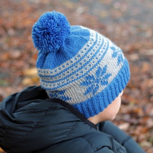 KNITTING PATTERN - "Kayden Snowflake Beanie" Boys Winter nordic Beanie Pattern, pompom hat