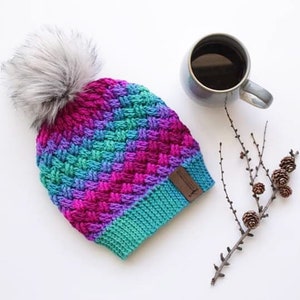 CROCHET PATTERN - &quot;Micah Weave Beanie&quot; Crochet Pattern, celtic weave, grey slouch thick warm pompom hat pattern, winter, English Language