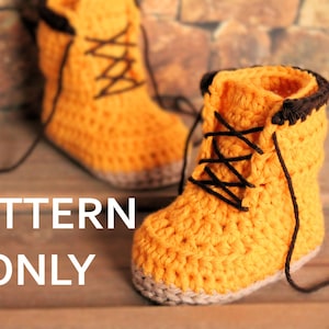 CROCHET PATTERN boots for baby boys fall booties Woodsman Construction Boot Crochet Pattern, Yellow, image 1