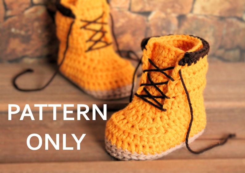 CROCHET PATTERN boots for baby boys fall booties Woodsman Construction Boot Crochet Pattern, Yellow, image 1