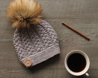 CROCHET PATTERN -   "Cruise Cabled Beanie" Crochet Beanie PDF Cable Hat, crochet cable pompom beanie    English Language Only