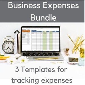 May include: A laptop computer with a spreadsheet open on the screen. The spreadsheet is titled "Business Expenses Tracker". The laptop is on a white desk with a white alarm clock, a stack of books, a glass of water, and a few gold pencils. The text "3 Templates for tracking expenses" is below the laptop.