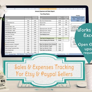 May include: A computer screen shows a spreadsheet titled "January Expenses and Sales Report." The image includes the text "Sales & Expenses Tracking For Etsy & Paypal Sellers." A small bag of "Gold Mine" candy is in front of the monitor.