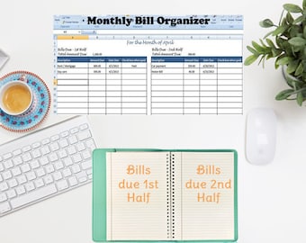 Monthly Bill Organizer, Bill Tracker - Calculates Total Due for 1st & 2nd Half of the Month