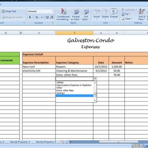 Puede incluir: Una hoja de c&aacute;lculo con una fila de encabezado verde y naranja. La hoja de c&aacute;lculo se titula "Galveston Condo Expenses". Las columnas est&aacute;n etiquetadas como "End Date", "Comments", "Expense Description", "Expense Category", "Date", "Amount", y "Notes". La hoja de c&aacute;lculo contiene datos sobre los gastos relacionados con un condominio en Galveston, Texas.