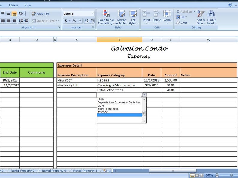 Puede incluir: Una hoja de c&aacute;lculo con una fila de encabezado verde y naranja. La hoja de c&aacute;lculo se titula "Galveston Condo Expenses". Las columnas est&aacute;n etiquetadas como "End Date", "Comments", "Expense Description", "Expense Category", "Date", "Amount", y "Notes". La hoja de c&aacute;lculo contiene datos sobre los gastos relacionados con un condominio en Galveston, Texas.