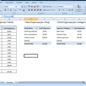May include: Spreadsheet showing monthly expenses for a business, broken down by category and shop. The total expenses for the month are $175.00.