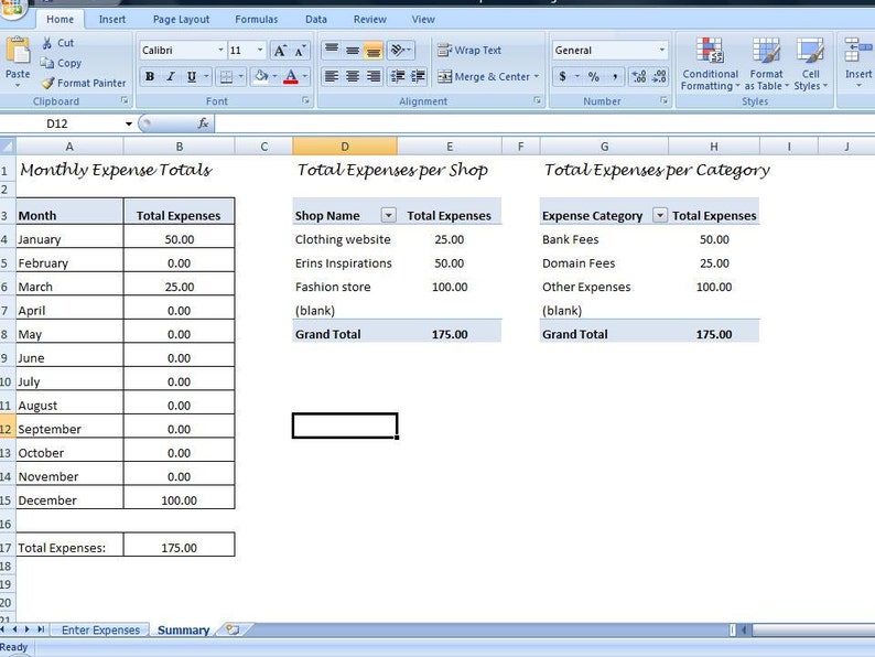 May include: Spreadsheet showing monthly expenses for a business, broken down by category and shop. The total expenses for the month are $175.00.
