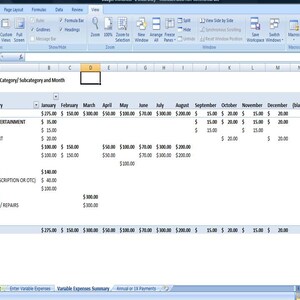 Peut inclure: Une feuille de calcul avec une liste de d&eacute;penses variables par cat&eacute;gorie et sous-cat&eacute;gorie, ventil&eacute;es par mois. La feuille de calcul comprend des totaux pour chaque cat&eacute;gorie et sous-cat&eacute;gorie, ainsi qu'un total g&eacute;n&eacute;ral pour toutes les d&eacute;penses.