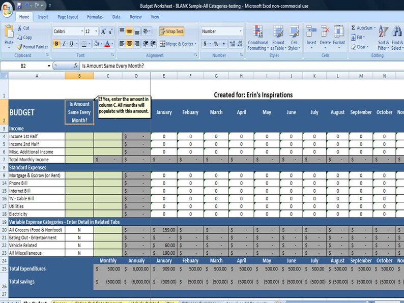 Peut inclure: Une feuille de calcul avec un en-t&ecirc;te bleu et des cellules grises. La feuille de calcul est intitul&eacute;e "Budget" et comprend des colonnes pour les revenus, les d&eacute;penses standard, les d&eacute;penses variables, mensuelles, annuelles et chaque mois de l'ann&eacute;e. La feuille de calcul est con&ccedil;ue pour aider les utilisateurs &agrave; suivre leurs revenus et leurs d&eacute;penses.