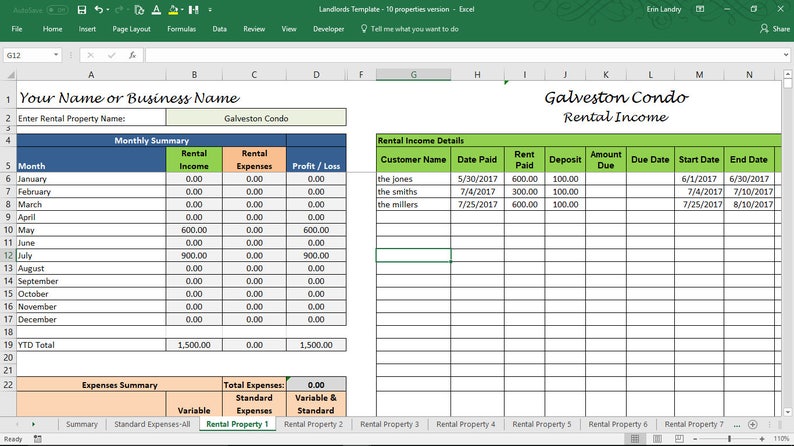 Puede incluir: Una hoja de c&aacute;lculo con un encabezado verde que dice "Galveston Condo Rental Income". La hoja de c&aacute;lculo est&aacute; dividida en dos secciones: "Resumen Mensual" y "Detalles de Ingresos de Alquiler". La secci&oacute;n "Resumen Mensual" enumera los meses del a&ntilde;o y los ingresos de alquiler, gastos y ganancias/p&eacute;rdidas correspondientes. La secci&oacute;n "Detalles de Ingresos de Alquiler" enumera el nombre del cliente, la fecha de pago, el alquiler pagado, el dep&oacute;sito, el monto adeudado, la fecha de vencimiento, la fecha de inicio y la fecha de finalizaci&oacute;n.
