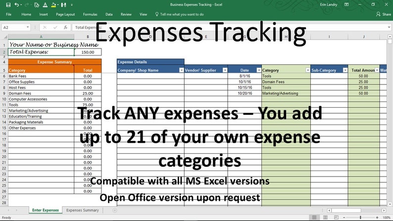 May include: A spreadsheet template for tracking business expenses. The spreadsheet is titled "Expenses Tracking" and includes columns for category, date, vendor, total amount, and notes. The spreadsheet is compatible with all versions of Microsoft Excel and an Open Office version is available upon request.