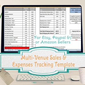 May include: A computer screen displaying a spreadsheet with a title that reads "Multi-Venue Sales & Expenses Tracking Template". The spreadsheet is designed to track sales and expenses for Etsy, Paypal, and Amazon sellers.