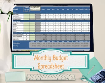 May include: A computer screen displaying a monthly budget spreadsheet with categories for income, standard expenses, and variable expenses. The spreadsheet includes columns for each month of the year and totals for monthly and annual amounts. The text "Monthly Budget Spreadsheet" is displayed below the screen.