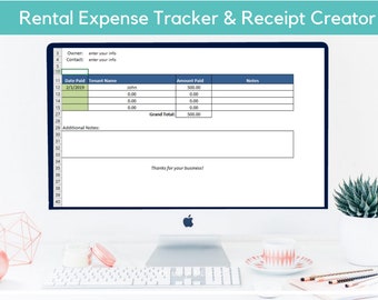 May include: A computer screen displaying a spreadsheet for tracking rental expenses and creating receipts. The spreadsheet includes columns for date paid, tenant name, amount paid, and notes. The spreadsheet also includes a grand total at the bottom. The text "Thanks for your business!" is displayed at the bottom of the screen.