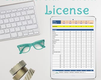 May include: A white tablet computer displaying a spreadsheet with the title "Commercial - Client License". The spreadsheet contains columns for "Annual Rental Income", "Expense Categories", and "Total Expenses".