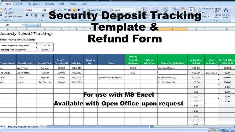 Rental Deposit Tracking Form, Landlord Tenant Security Deposit Agreement, Rent Deposit Return Tracking image 1