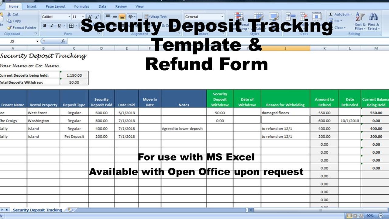 Rental Deposit Tracking Form, Landlord Tenant Security Deposit