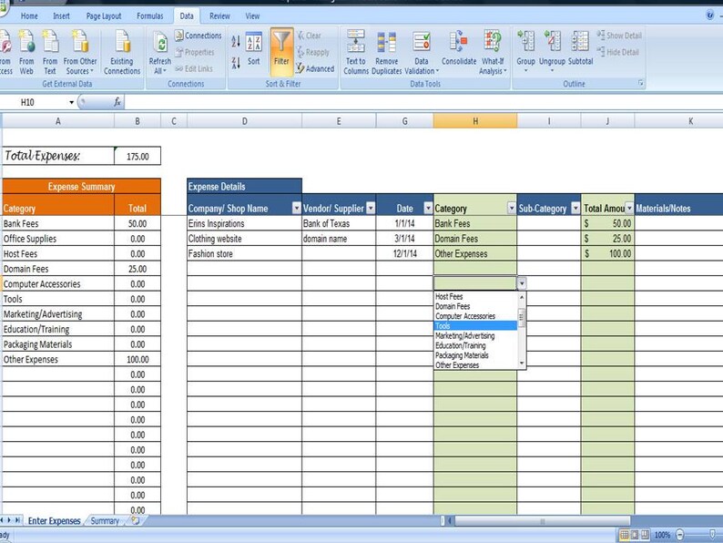May include: A spreadsheet with a list of expenses categorized by type, vendor, and date. The total expenses are $175.00. The categories include Bank Fees, Office Supplies, Host Fees, Domain Fees, Computer Accessories, Tools, Marketing/Advertising, Education/Training, Packaging Materials, and Other Expenses.