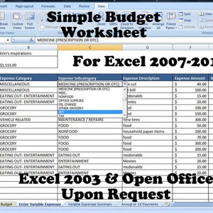 Peut inclure: Une feuille de calcul avec une ligne d'en-t&ecirc;te bleue et une colonne d'en-t&ecirc;te bleue. La feuille de calcul est intitul&eacute;e "Simple Budget Worksheet" et est destin&eacute;e &agrave; Excel 2007-2013. La feuille de calcul comporte des colonnes pour le mois, la cat&eacute;gorie de d&eacute;penses, la sous-cat&eacute;gorie de d&eacute;penses, la description des d&eacute;penses, le montant des d&eacute;penses et les notes.
