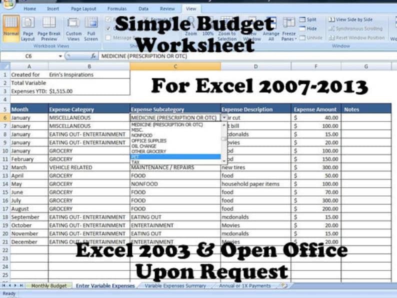 Peut inclure: Une feuille de calcul avec une ligne d'en-t&ecirc;te bleue et une colonne d'en-t&ecirc;te bleue. La feuille de calcul est intitul&eacute;e "Simple Budget Worksheet" et est destin&eacute;e &agrave; Excel 2007-2013. La feuille de calcul comporte des colonnes pour le mois, la cat&eacute;gorie de d&eacute;penses, la sous-cat&eacute;gorie de d&eacute;penses, la description des d&eacute;penses, le montant des d&eacute;penses et les notes.