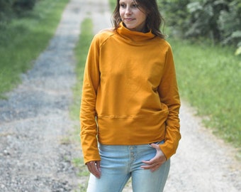 Organic Cotton French Terry Mock Cowl Neck Pullover, Mustard or Blue Fall Winter Turtleneck Sweatshirt Sweater USA Made