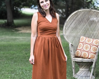 Organic Cotton Nursing Dress, Sleeveless Crossover Midi Dress, Earth Conscious USA