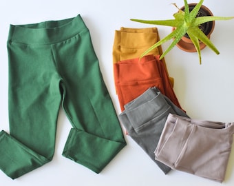 Kids Organic Cotton Leggings, Soft Stretchy Sustainable Solid Leggings, Eco Girls Yoga Waist Leggings, More Colors, Baby Toddler Youth Teen