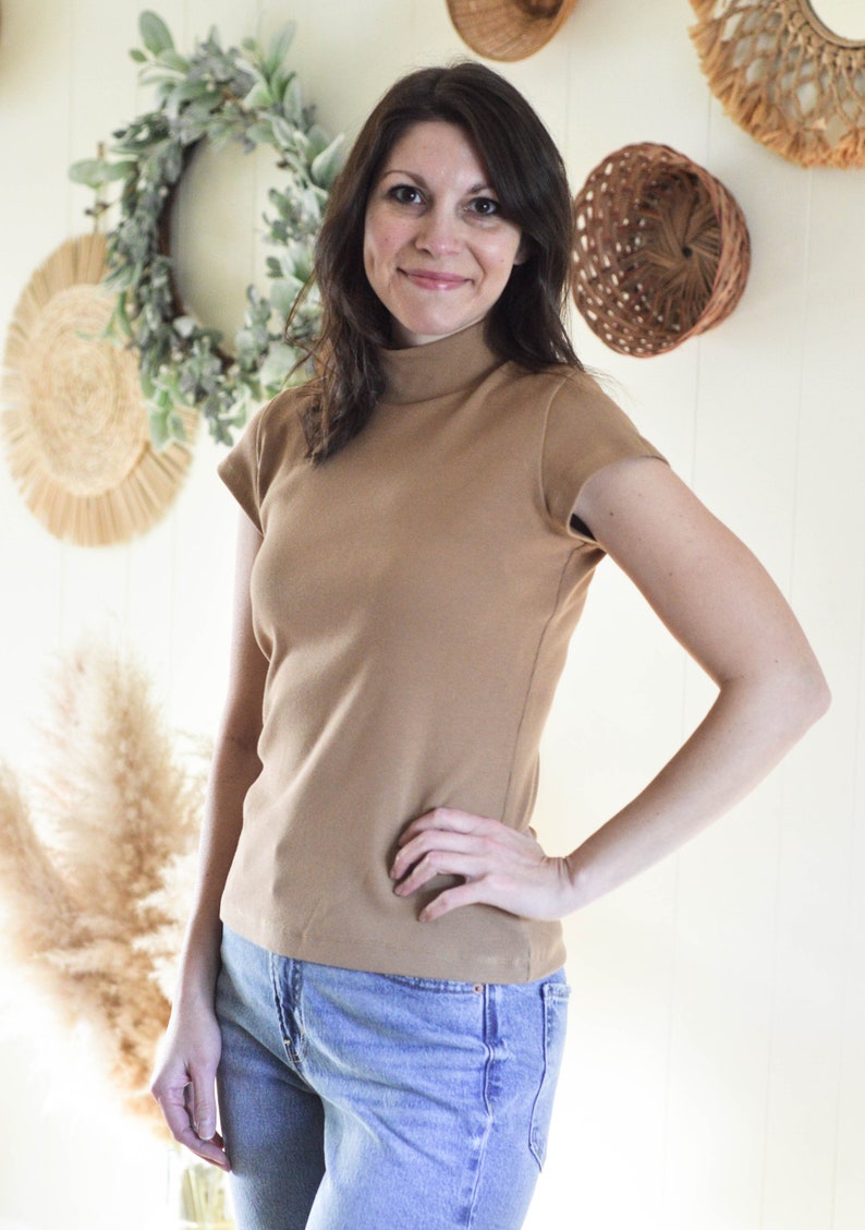 Ribbed Knit Mock Neck Top Organic Cotton, Womens Cap Sleeve Fitted Tee, Brown Slim Fit Layering Shirt, Green Ethical Sustainable Fashion USA image 8