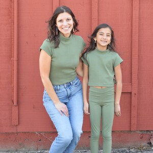 Ribbed Mock Neck Crop Top, KIDS Organic Cotton Cap Sleeve Tee, Matching Mom Daughter Brown Green Ethical Sustainable Fashion USA image 2