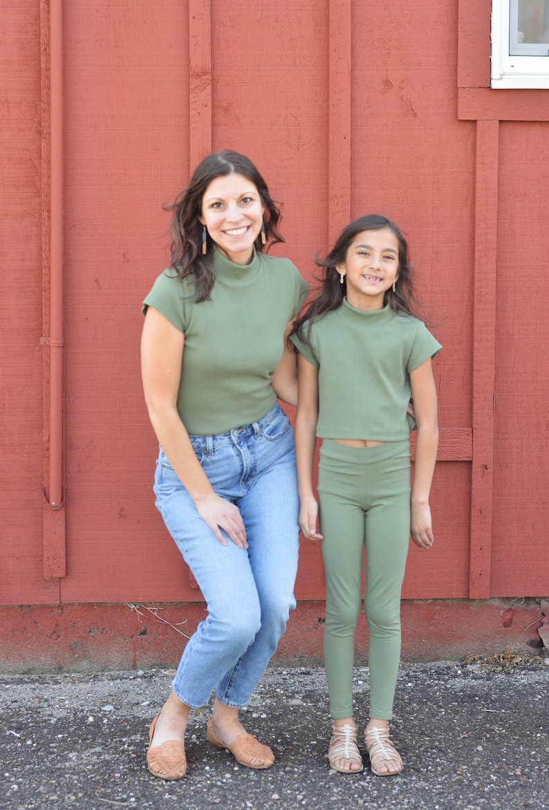 Ribbed Mock Neck Crop Top, KIDS Organic Cotton Cap Sleeve Tee, Matching Mom Daughter Brown Green Ethical Sustainable Fashion USA image 2