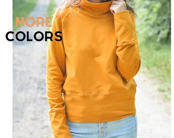 Sudadera acogedora con capucha orgánica, cuello alto simulado de rizo francés de algodón, suéter de algodón grueso y cálido Hygge Comfort Eco Sustainable USA Made