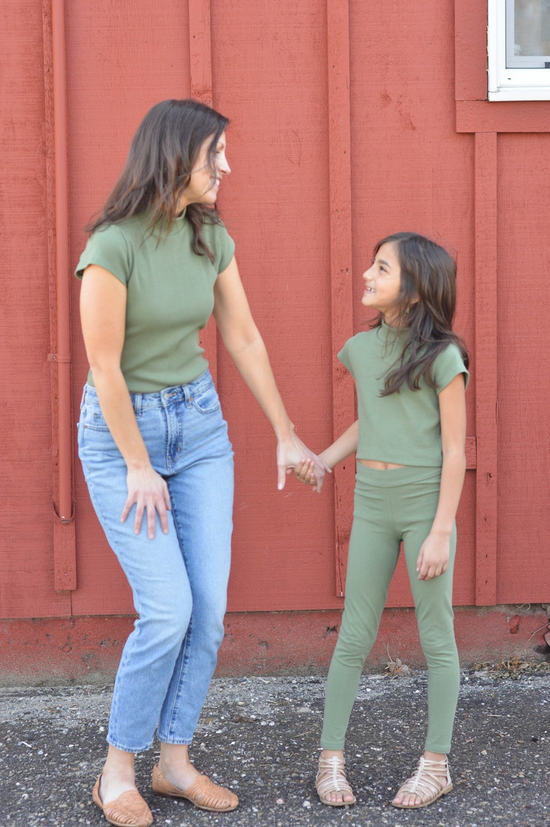 Ribbed Mock Neck Crop Top, KIDS Organic Cotton Cap Sleeve Tee, Matching Mom Daughter Brown Green Ethical Sustainable Fashion USA image 7