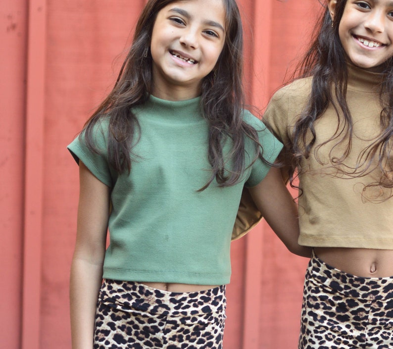 Ribbed Mock Neck Crop Top, KIDS Organic Cotton Cap Sleeve Tee, Matching Mom Daughter Brown Green Ethical Sustainable Fashion USA image 1