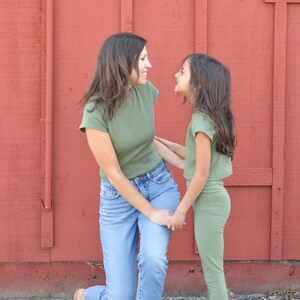 Ribbed Mock Neck Crop Top, KIDS Organic Cotton Cap Sleeve Tee, Matching Mom Daughter Brown Green Ethical Sustainable Fashion USA image 5