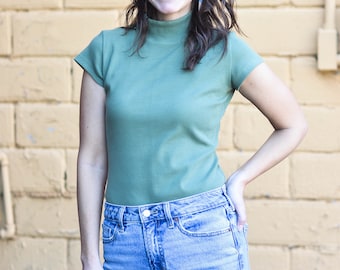 Ribbed Knit Mock Neck Top, Organic Cotton Cap Sleeve Tee