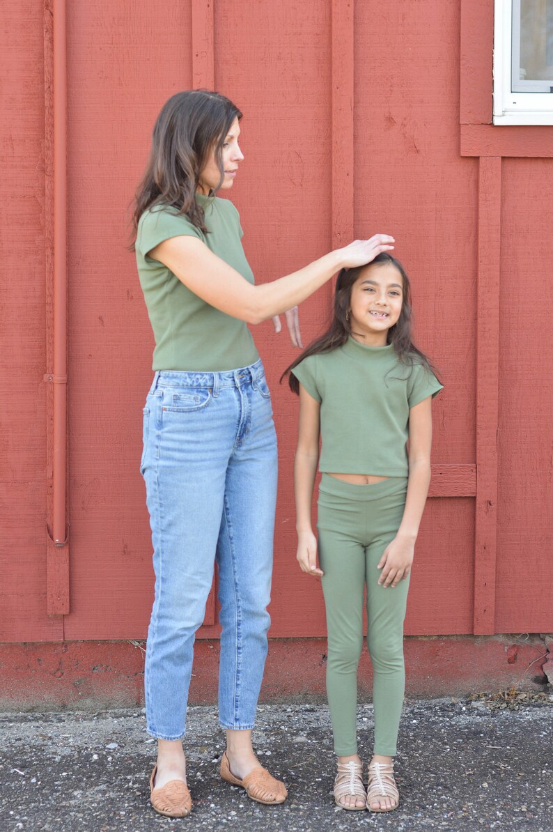 Ribbed Mock Neck Crop Top, KIDS Organic Cotton Cap Sleeve Tee, Matching Mom Daughter Brown Green Ethical Sustainable Fashion USA image 6