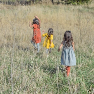 May include: Three young girls in dresses run through a field of tall grass. The girl in the front is wearing a blue dress, the middle girl is wearing a yellow dress, and the girl in the back is wearing an orange dress.