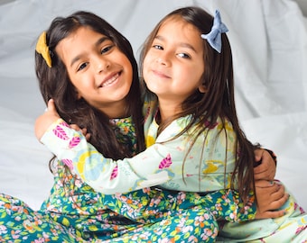 Floral Cotton Pajamas, Eco Dyed Knit PJs, Sibling Matching Set