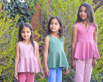 Camiseta sin mangas Peplum orgánica para niñas, moda infantil sostenible para niñas con espalda descubierta de algodón, camisa de vestir para niños pequeños, trajes de fotos familiares a juego ecológicos EE. UU.