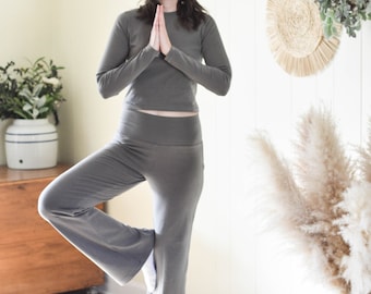 Flare Legging Yoga Pants, High Waist Loungewear Travel Clothes, Comfort Wide Leg Pants, Cozy Meditation Gauchos, Barre Workout Clothing, USA