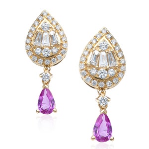 Pink Sapphire & Diamond Drop Earrings in 14K Yellow Gold