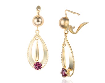 VINTAGE Rhodolite Garnet Dangle Earrings in 18K Yellow Gold
