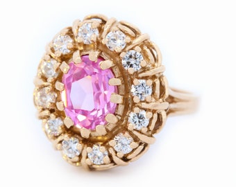 VINTAGE Pink Sapphire Diamond Halo Hand-casted Ring in 14K Yellow Gold