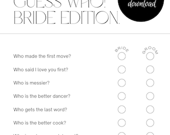 Bride guessing game, bride groom game, bridal shower game, bridal shower questionnaire, bridal shower survey, who said it