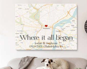 First date gift for boyfriend, First date location on map, Valentines Day gift, Boyfriend birthday gift, Anniversary gift, Map on canvas