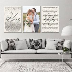 Set of 3 canvas prints, Wedding vows canvas, Wedding vows and photo, Canvas vows, Couple wedding vows art, Personalized vows Christmas Gift