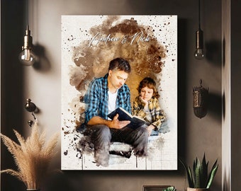 Custom Fathers Day Gift, Custom WatercolorFather Son Portrait, Personalized Portrait Gift for Dad, Framed Canvas Print, Art from Your Photo